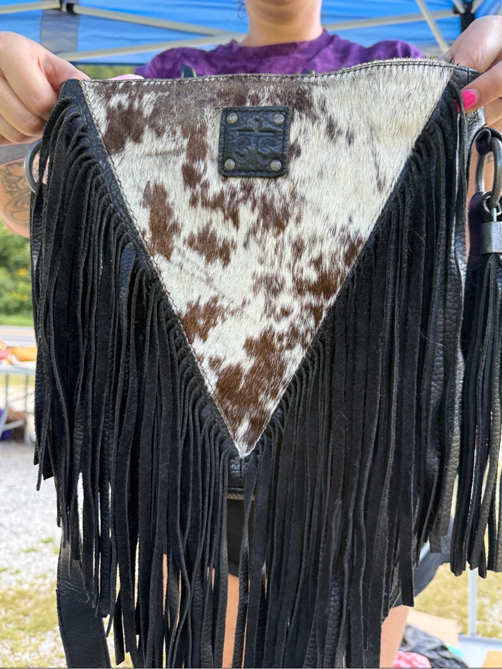 STS Ranchwear Black Fringe Crossbody with Brown and White Cowhide Panel
